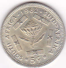 1962 SOUTH AFRICA  FIVE CENTS SILVER
