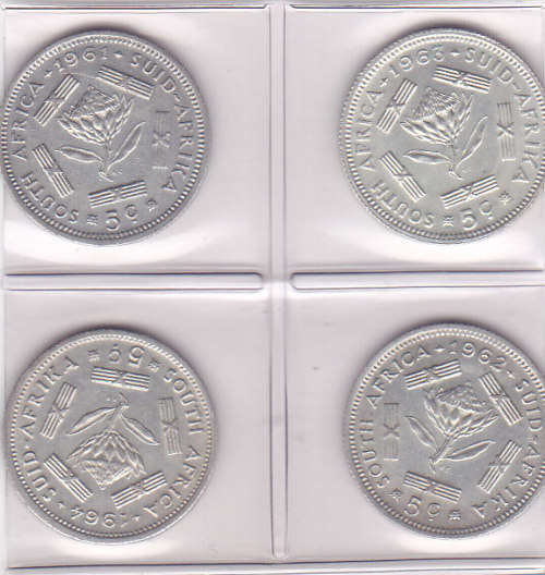SOUTH AFRICA  FIVE CENTS SILVER (1961-1964 --SET OF 4 COINS)