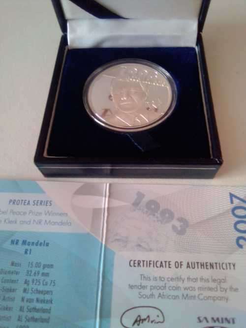 2007 NELSON MANDELA R1 SILVER PROOF COIN IN SA MINT BOX- PLUS CERT ( BID PER COIN)