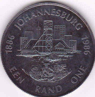 1986 PROTEA SERIES  SILVER ONE RAND JOHANNESBURG `DIGGERS` MINING COIN ##WELL TONED