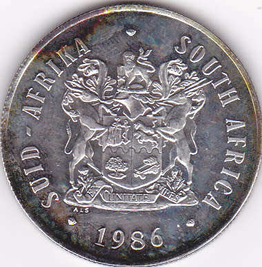 1986 PROTEA SERIES  SILVER ONE RAND JOHANNESBURG `DIGGERS` MINING COIN ##WELL TONED