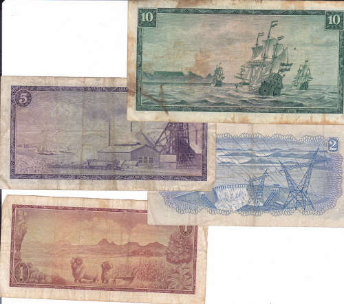SET OF TW DE JONGH  BANK NOTES 1967--1975(rsa) R10/R5/R2/R1