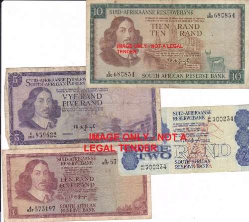 SET OF TW DE JONGH BANK NOTES (RSA) R10/R5/R2/R1 (1972-1975)