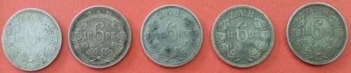 ZAR 6 pence Lot of 5 (1892,1893,1894,1895,1896)