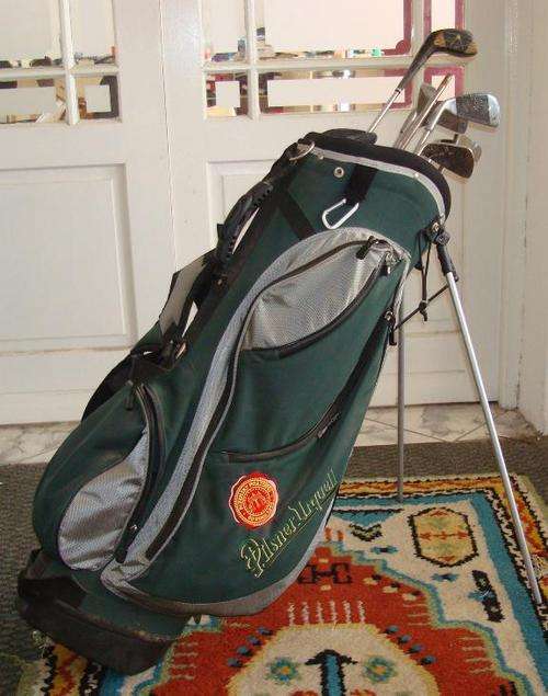Pilsner Urquell Golf Bag with some Golf Clubs