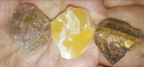 Powerful solar plexus chakra stones Rutilated Quartz , Yellow Calcite and Tigers eye