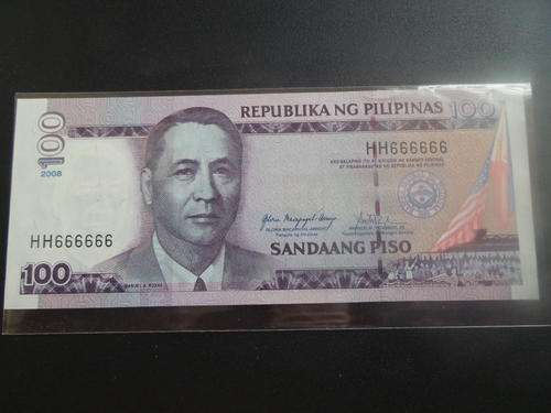 PHILIPPINES 100 PISO 2008 UNC *** FANCY SERIAL - SOLID NUMBER *** Nr. 666666