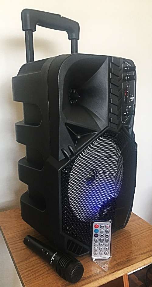 BLUTOOTH TROLLEY RECHARGEABLE SPEAKER WITH MICROPHONE AND REMOTE