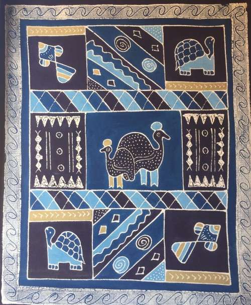 East African dyed cloth stretched over wooden frame