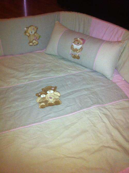 Pink Scruffy Bear Cot and Bumper set and Musical Walker