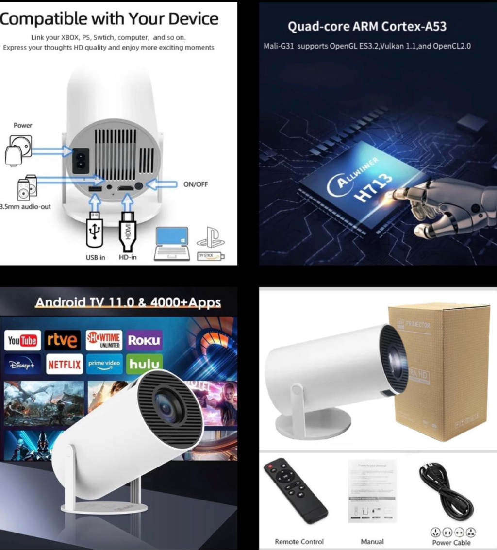 Latest Smart Android UHD Portable Projector + Built-in WIFI media streaming device + Pre-Loaded Apps