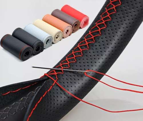 38cm Universal DIY Faux Leather Car Steering Wheel Cover Kit - Red Stitching