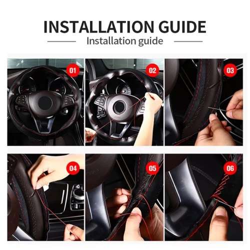38cm Universal DIY Faux Leather Car Steering Wheel Cover Kit - Red Stitching