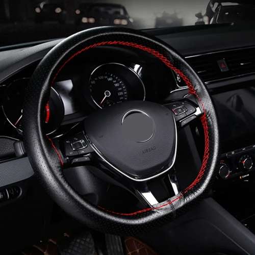 38cm Universal DIY Faux Leather Car Steering Wheel Cover Kit - Red Stitching