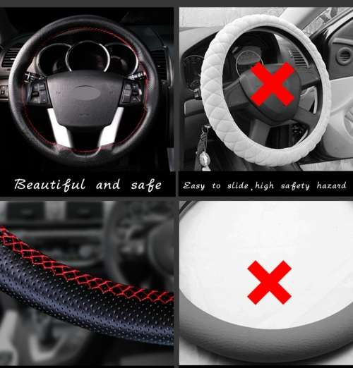 38cm Universal DIY Faux Leather Car Steering Wheel Cover Kit - Red Stitching