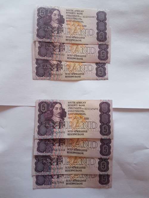 South African reserve bank R5 notes 4 G. De Kock and 3 C.L Stals in mint condition