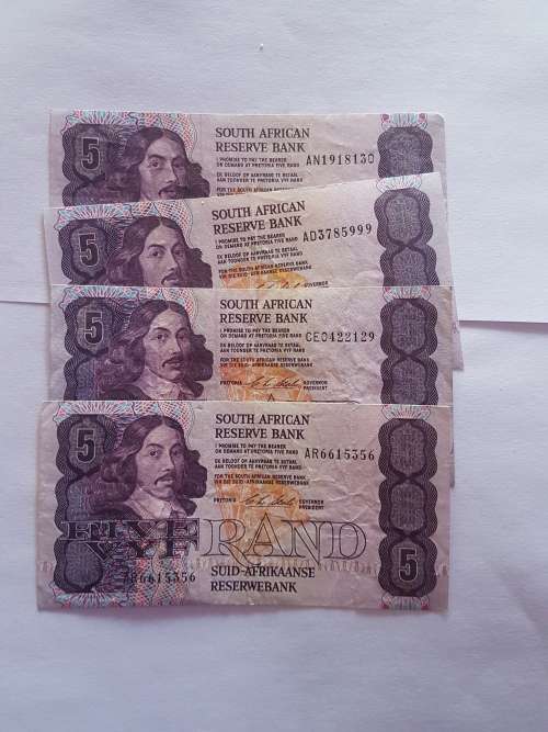 South African reserve bank R5  notes 3 C.L. Stals and 1 G de Kock