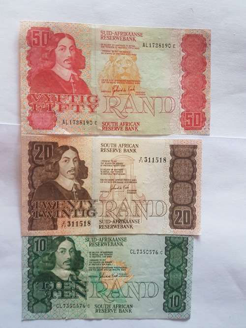South African reserve bank G. de Kock R10, R20, R50 mint notes