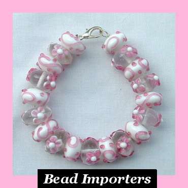 18 Glass Lampwork Beads (PINK DAISIES)  *handmade*  PLUS 10 charms & 10 Lobster clasps