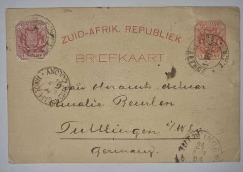 Zuid Afrikaanse Rep briefkaart 1895 to Germany 1d add stamp