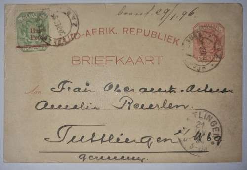 Zuid Afrikaanse Rep briefkaart 1895 to Germany half penny (SACC 219) add stamp