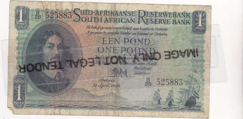 1949 1 pound note in F grade by M H de Kock Serial no B/28 dated 12/4/49 RARE NOTE