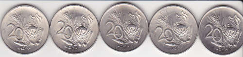 5 x 1965 Afrikaans 20c in UNC grade