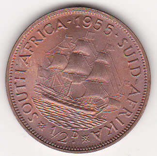 1955 half penny in RED color and UNC grade Rare in this grade