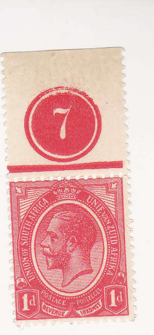 1913 Union 1d MNH top margin plate no 7 SACC 3