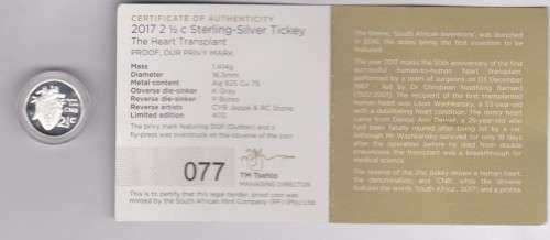 2017 RSA 2 1/2c Heart Transplant Proof Flypress Durban mintmark (RARE) IN SAMinint pouch and capsule