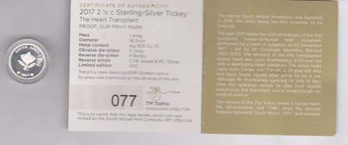 2017 RSA 2 1/2c Heart Transplant Proof Flypress Durban mintmark (RARE) IN SAMinint pouch and capsule