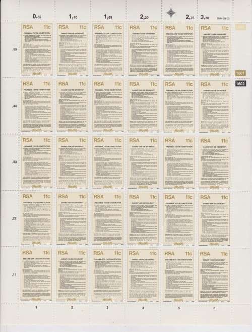1984 RSA Inauguration of Pres P W Botha Full set of sheets of 4c and 15c of 25 MNH SACC 575 576