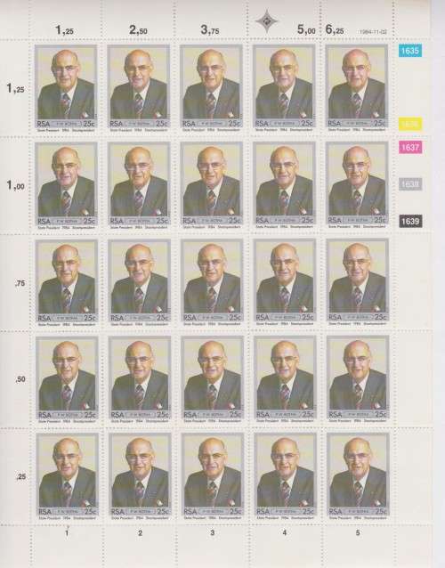 1984 RSA Inauguration of Pres P W Botha Full set of sheets of 4c and 15c of 25 MNH SACC 575 576