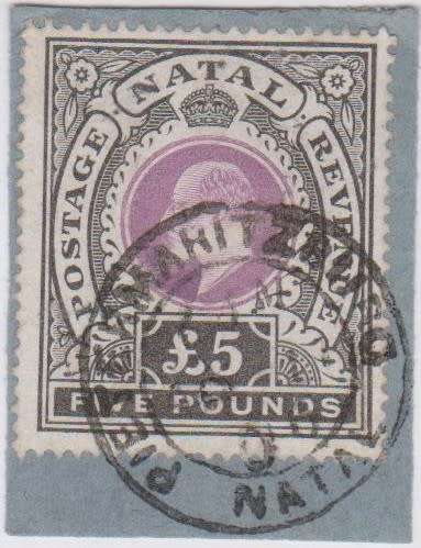 1902 Natal 5 pound single on piece postaly used SACC 126