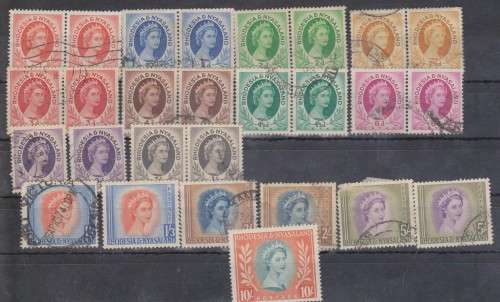 1954 Rhodesia and Nyasaland Definitive Issue 10 used pairs,1/3,2/-,5/-x 2 singles,10/- mnh SACC 1-14