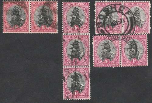 1927 UNION 1d Pretoria Ptg 3 used  pairs and used strip of 3  SACC 30P