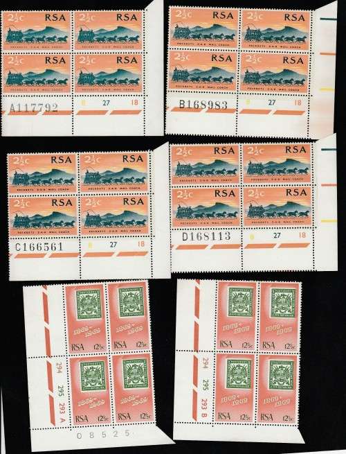 1969 RSA  100th Ann Of Z.A.R. 2n1/2c A,B,C,D, and 12 1/2c A,A,B MNH SACC 302,303