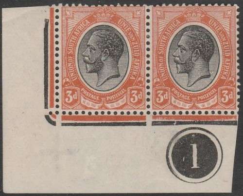 1913 UNION of S A 4d  Bottom left Corner Plate No 1 wiyh broken Jubelee line MNH SACC 9