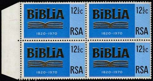 1970 R S A 150th Ann of Bible Soc 12 1/2c marginal block of 4 MNH SACC 307