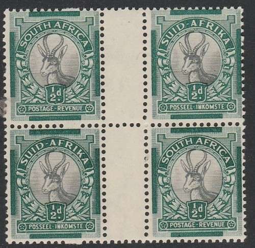 1935 UNION of S A 1/2d coil gutter pair x 2 with 2  missing perf holes MNH SACC  55g CV R4000