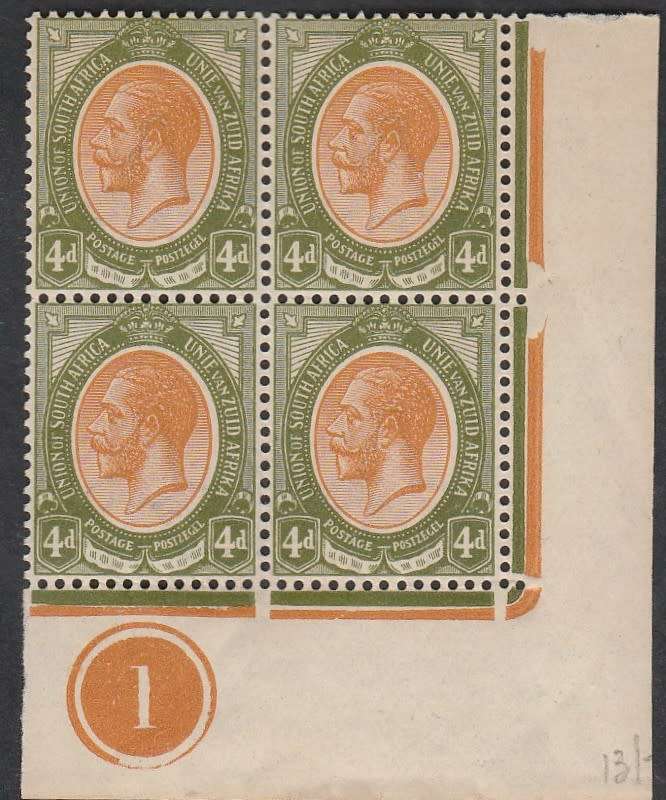 1913 UNION of S A 4d  CONTROL no 1 block of 4 with inverted wmk MNH  SACC  9 C/V R15000  VERY RARE