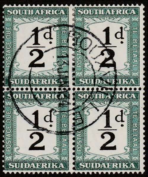 1932 UNION of S A 1/2d postage due used block of 4  SACC 22