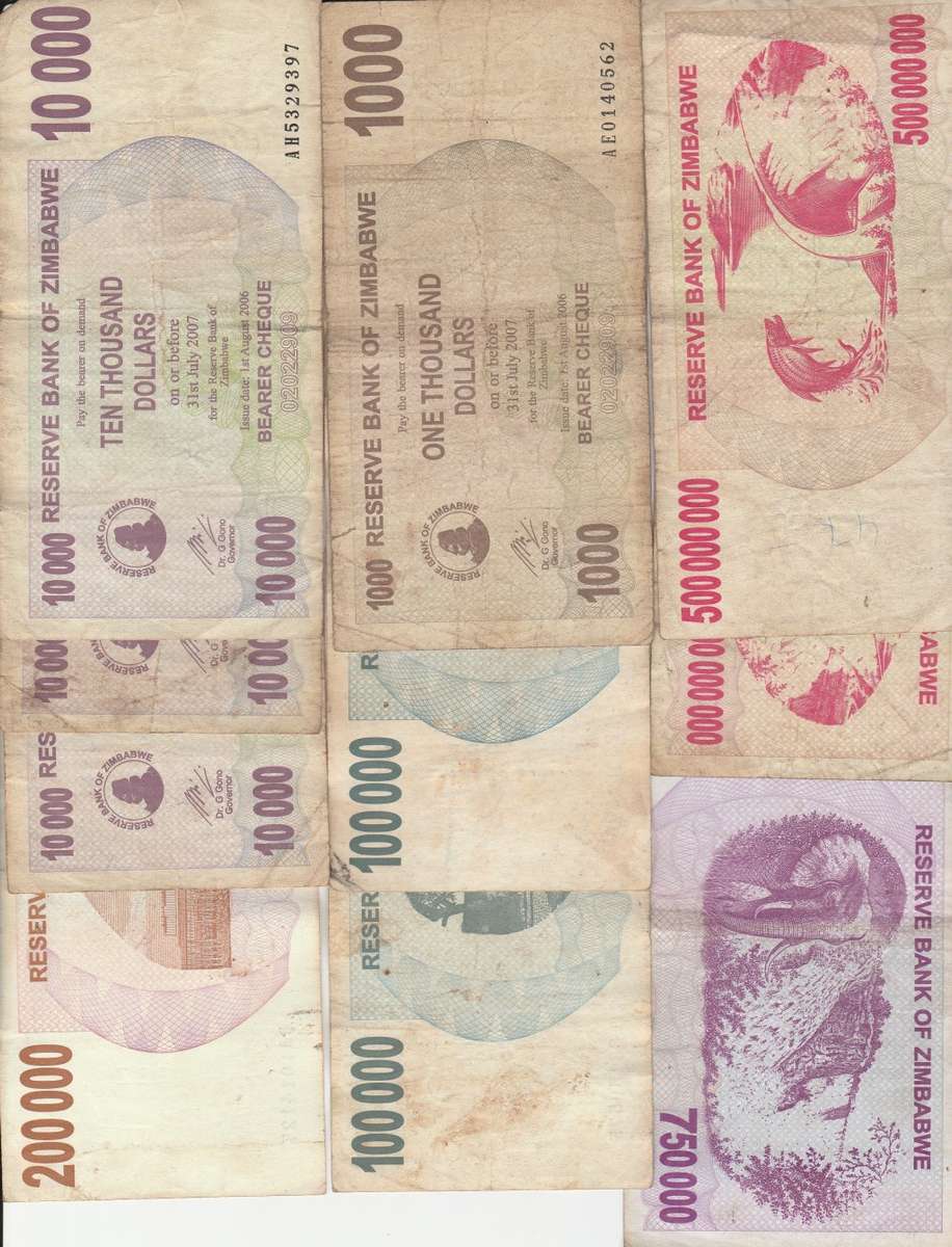 2007 Zimbabwe used banknotes from $1000-,$10000x 3,$100000 x 2,$200000$750000 x 2,$500000000 x 2