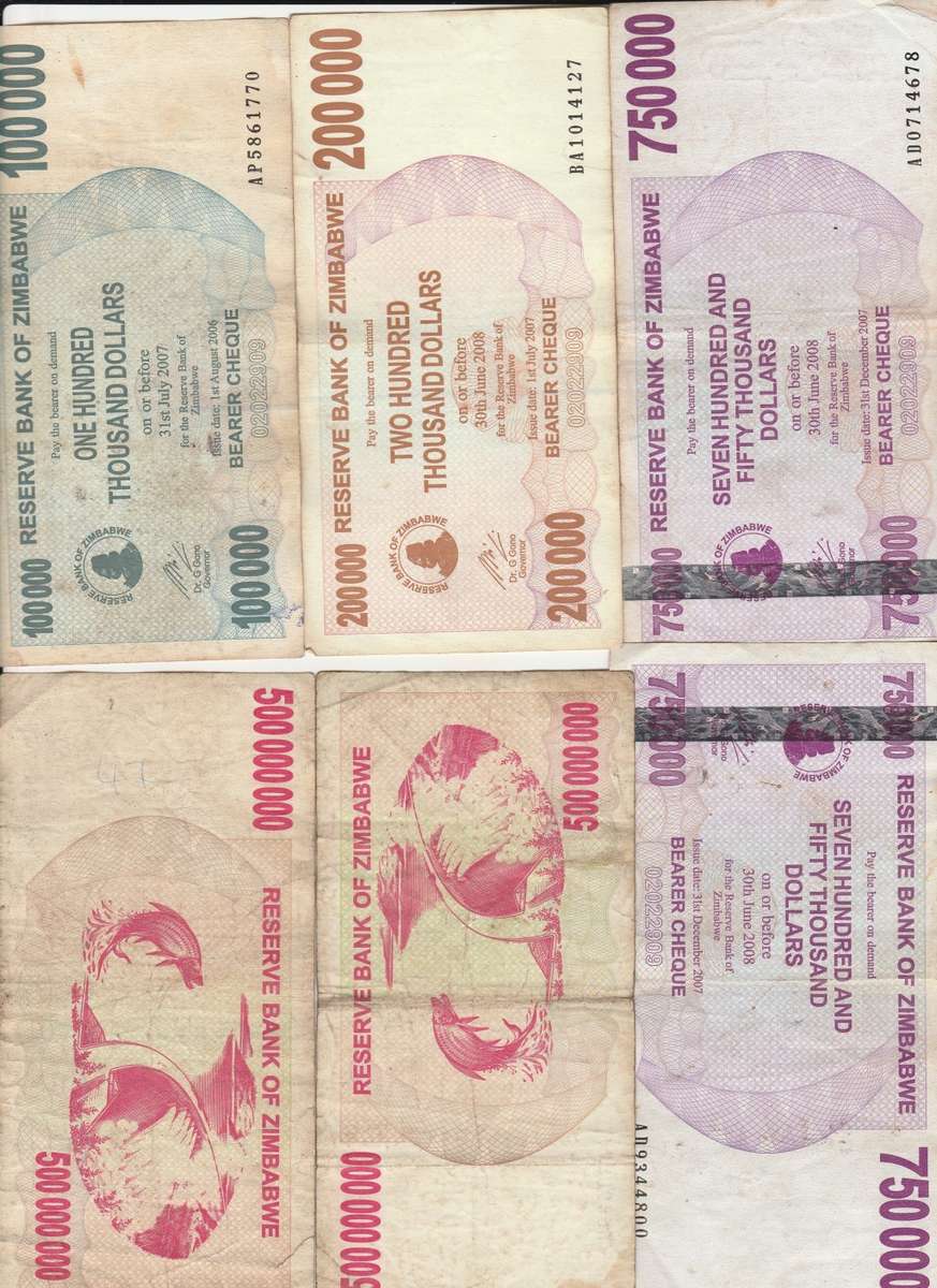 2007 Zimbabwe used banknotes from $1000-,$10000x 3,$100000 x 2,$200000$750000 x 2,$500000000 x 2