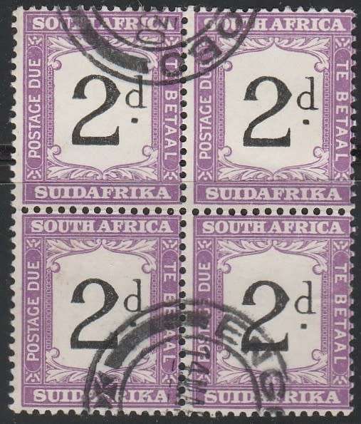 1922 UNION OF S A 2d postage due blockof 4 used SACC 14