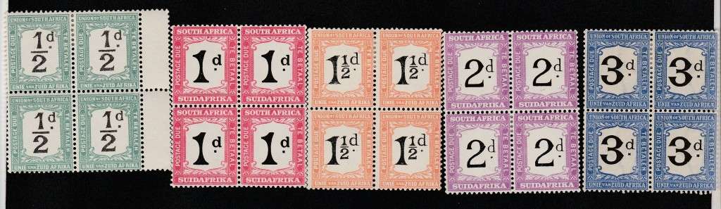 922 UNION OF S A UNUSED blocks of 4 1/2d,1d x 2,1 1/2d,3d SACC,11,12,13,15