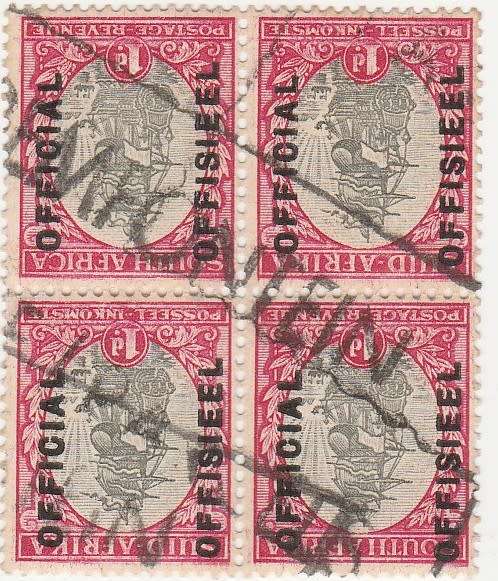 1935 UNION of S A 1d used OFFICIAL block of 4  with raised overprint CC 25d
