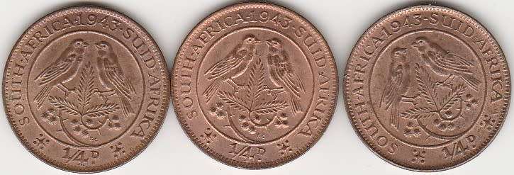 1943 UNION OF S A Farthing x 3 in UNC gradeHern`s val R300