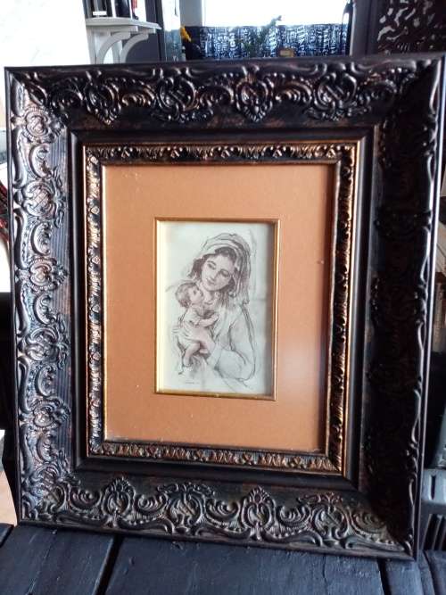 ORNATE FRAMED SIGNED SKETCH OF MOTHER AND CHILD