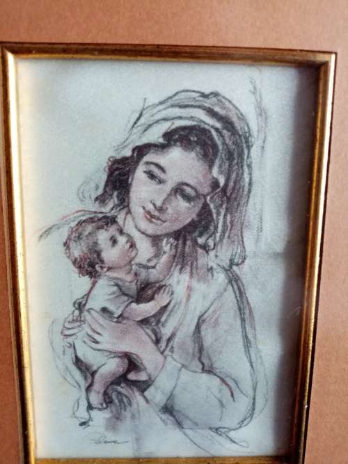 ORNATE FRAMED SIGNED SKETCH OF MOTHER AND CHILD